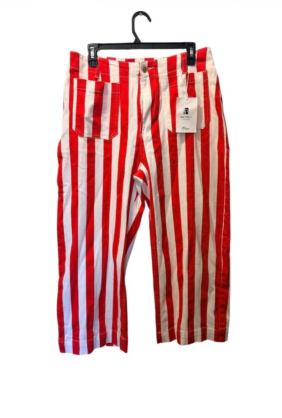 Imily Bela Women's Red and White Striped High Waisted Cropped Denim Jeans 12 - Picture 1 of 6